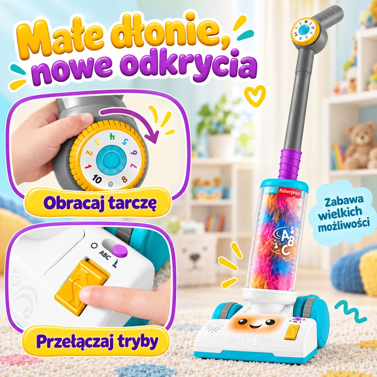 Fisher-Price JMM36: obrotowa tarcza i przełączanie trybów Fisher-Price JMM36: obrotowa tarcza i przełączanie trybów
