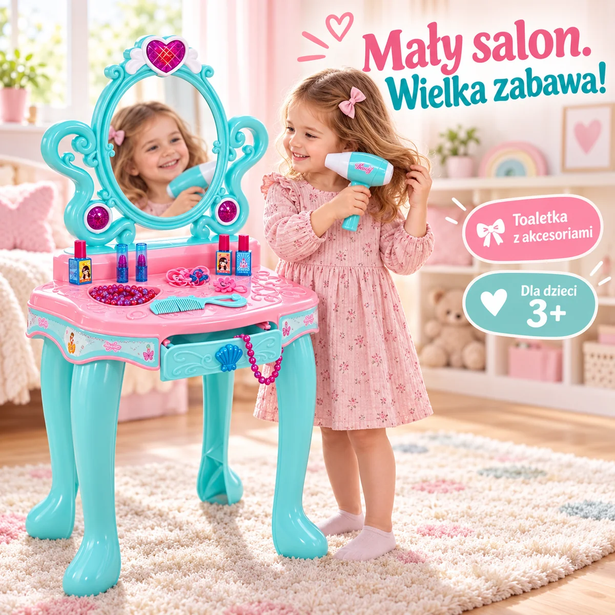 Toaletka z akcesoriami — zabawa w salon Dziewczynka bawiąca się suszarką przy różowo-turkusowej toaletce