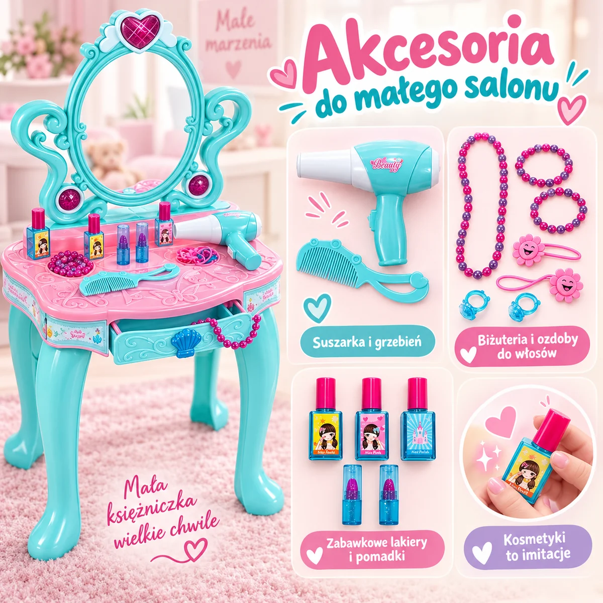 Akcesoria do małego salonu — kosmetyki to imitacje Zabawkowe akcesoria: suszarka, grzebień, biżuteria, lakiery i pomadki