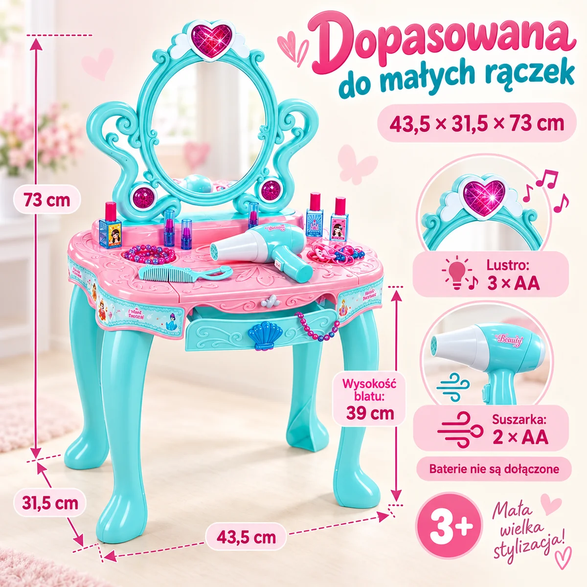 Wymiary i zasilanie toaletki dla dzieci 3+ Wymiary toaletki 43,5 × 31,5 × 73 cm, blat 39 cm, baterie AA nie dołączone