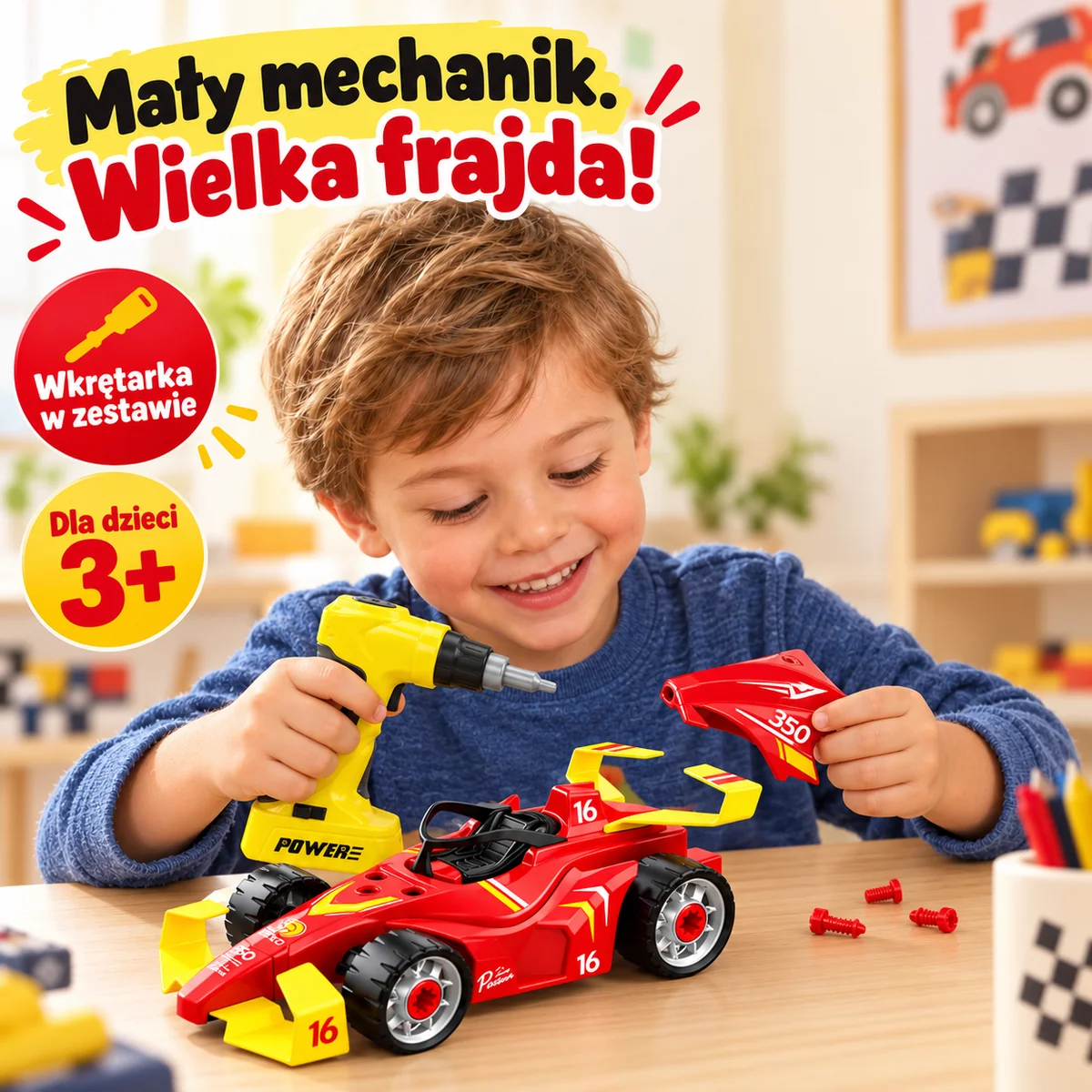 Mały mechanik – wyścigówka z wkrętarką 3+ Dziecko bawi się wyścigówką do skręcania i wkrętarką
