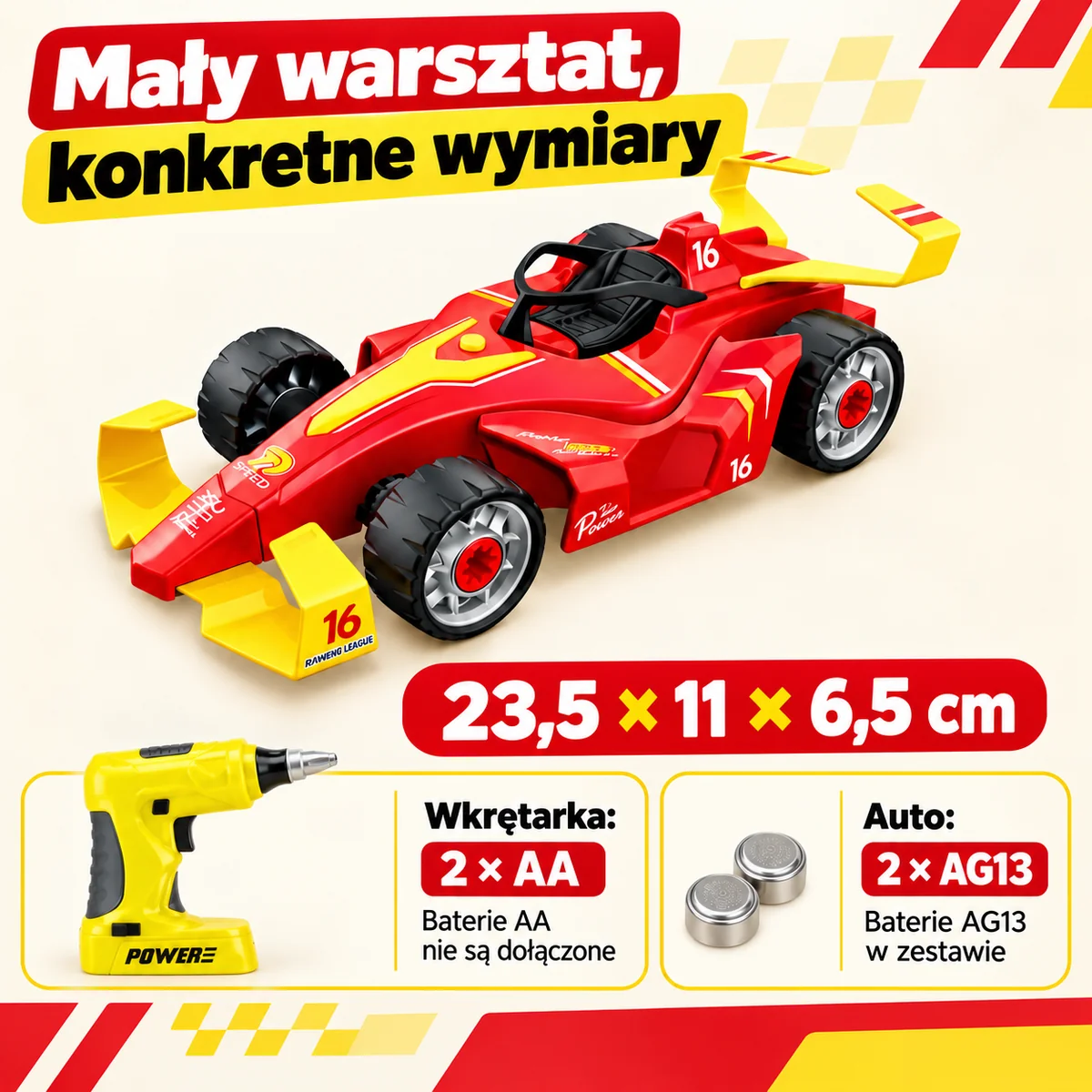 Wyścigówka – wymiary i zasilanie Wymiary wyścigówki i wymagane baterie